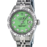 Rolex Ladies Stainless Steel Green Pyramid Diamond Datejust Wristwatch