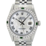 Rolex Mens Stainless Steel Silver MOP Roman 36MM Diamond & Emerald Datejust Wris