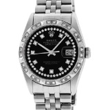 Rolex Mens Stainless Steel Black String Pyramid Diamond Bezel Datejust Wristwatc