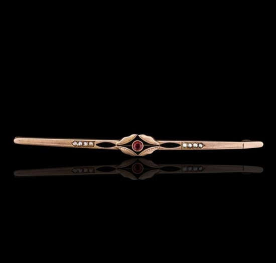 14KT Rose Gold 0.17 ctw Ruby and Pearl Antique Pin