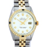 Rolex Mens 2 Tone 14K White Diamond & Sapphire Datejust Wriswatch