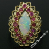 Vintage 14kt Yellow Gold Marquise Opal and Round Ruby Open Cocktail Ring