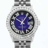 Rolex Mens Stainless Steel Blue Vignette Roman Diamond Datejust Wristwatch With