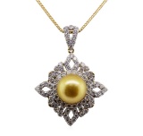Pearl and Diamond Pendant With Chain - 18KT Yellow Gold