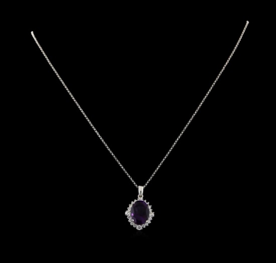 4.46 ctw Amethyst and Diamond Pendant With Chain - 14KT White Gold