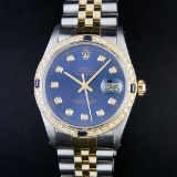 Rolex Mens 2 Tone 14K Blue Diamond & Sapphire Datejust Wriswatch