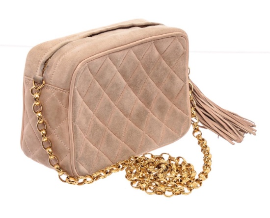 Chanel Beige Quilted Suede Small Tassel Camera Bag
