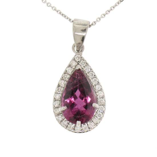 18k White Gold 4.20 ctw Pear Shaped Rubellite Tourmaline Pendant w/ Diamond Halo