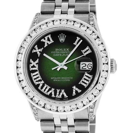Rolex Mens Stainless Steel Green Vignette Roman Diamond Datejust Wristwatch With