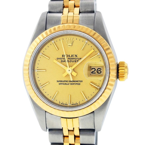 Rolex Ladies 2 Tone 14K Champagne Index Datejust Wristwatch