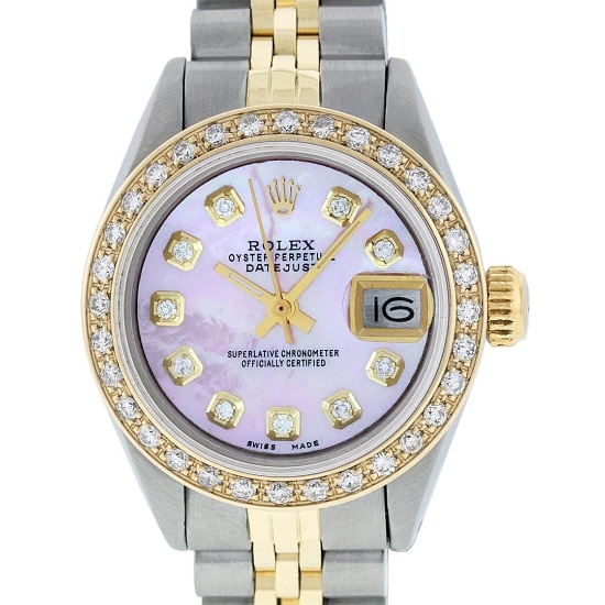 Rolex Ladies 2 Tone 14K Pink MOP Diamond Datejust Wristwatch