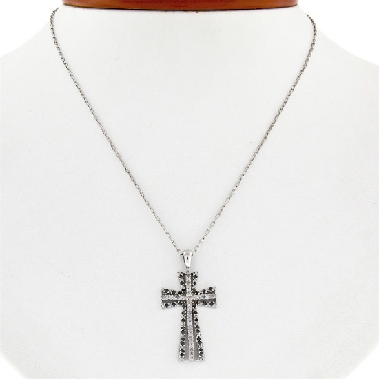 14K White Gold 0.33 ctw Single Cut White & Black Diamond Cross Pendant w/ Chain