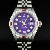 Rolex Ladies Stainless Steel Purple Diamond & 18K Gold Ruby Bezel Datejust
