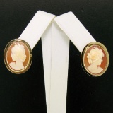 Vintage 14K Yellow Gold Oval Carved Shell Cameo Framed Screw Back Stud Earrings