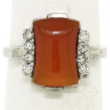 Antique 10K White Gold Carnelian Solitaire Ring w/ .22 ctw Round Diamond Accents