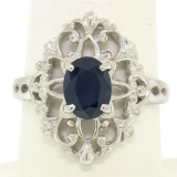 Solid Platinum 1.22 ctw Oval Deep Blue Sapphire Solitaire Open Filigree Style Ri