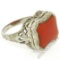 Art Deco Etched 14kt White Gold Custom Cut Carnelian Solitaire Filigree Ring