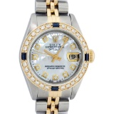 Rolex Ladies 2 Tone 18K Gold Bezel MOP Diamond & Sapphire Datejust Wristwatch