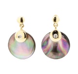 0.03 ctw Black Mother of Pearl and Diamond Circle Dangle Earrings - 14KT Yellow
