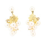 0.10 ctw Diamond and Pearl Grape Cluster Earrings - 14KT Yellow Gold