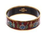 Hermes Red Multicolor Gold-Plated Falcons Printed Enamel Wide Bangle