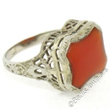 Art Deco Etched 14kt White Gold Custom Cut Carnelian Solitaire Filigree Ring