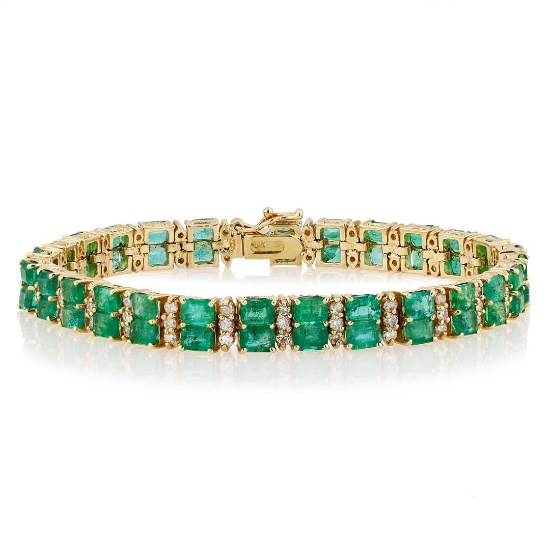 13.72 ctw Emerald and 1.79 ctw Diamond 14K Yellow Gold Bracelet