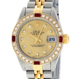 Rolex Ladies 2 Tone 18K Quickset Champagne Diamond & Ruby Datejust Wristwatch