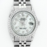 Rolex Mens Stainless Steel Mother Of Pearl Diamond Lugs Datejust Wristwatch