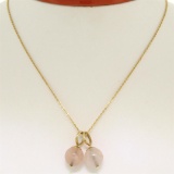 14K Yellow Gold Double 10mm Pink Rose Quartz Bead Pendant & 16