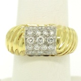 Estate 18k Yellow Gold E VVS2 1.01 ctw Pave Set Diamond Scalloped Ribbed Ring