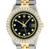 Rolex Mens 2 Tone Black String VS 3 ctw Channel Set Diamond Datejust Wristwatch