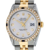 Rolex Mens 2 Tone 14K Lugs Silver Diamond & Sapphire 36MM Datejust