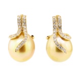 0.41 ctw Diamond and Pearl Earrings - 14KT Yellow Gold