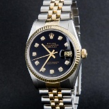 Rolex Mens 2 Tone 14K Black Diamond 36MM Datejust Wristwatch