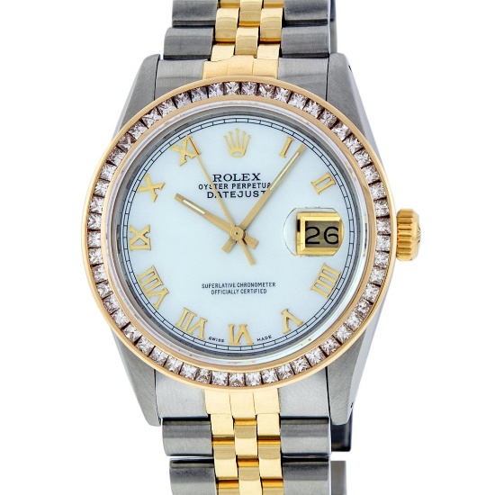 Rolex Mens 2 Tone 14K MOP Princess Cut Datejust Wristwatch With Rolex Box