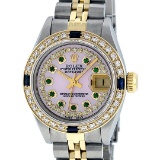 Rolex Ladies 2 Tone Yellow Gold Pink MOP Emerald & Sapphire Datejust Wriswatch