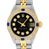 Rolex Ladies 2 Tone Yellow Gold Black Diamond & Sapphire Datejust Wristwatch