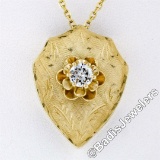 Vintage 14kt Yellow Gold 0.40 ctw Diamond Hand Etched Shield Pendant Necklace