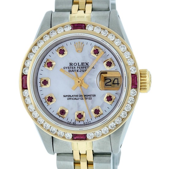 Rolex Ladies 2 Tone Yellow Gold MOP Ruby & Diamond Datejust Wristwatch