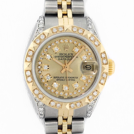 Rolex Ladies 2 Tone Yellow Gold Champagne Diamond Lugs & Pyramid Datejust Wriswa