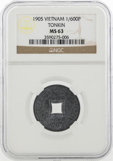 1905 Vietnam Tonkin 1/600 Piastre Coin NGC MS63