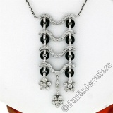 18kt White Gold 1.15 ctw Black Onyx and Diamond Flower Dangle Pendant Necklace