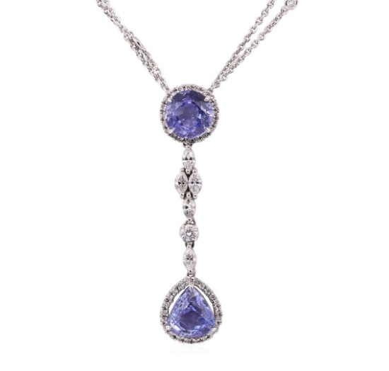 8.10 ctw Tanzanite and Diamond Pendant And Chain - 18KT White Gold