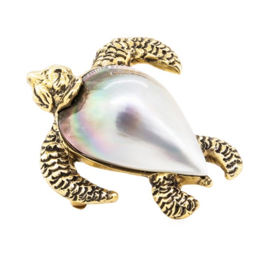 Mother of Pearl Turtle Pin - 14KT Yellow Gold