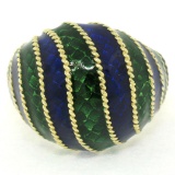 Vintage 18kt Yellow Gold Striped Blue and Green Enamel Dome Ring
