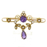 Victorian 15kt Yellow Gold Old Cut Amethyst and Seed Pearl Brooch or Pendant