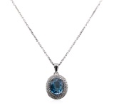 4.56 ctw Blue Zircon and Diamond Pendant With Chain - 14KT White Gold