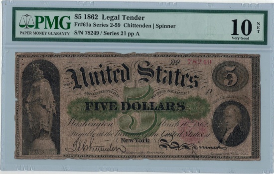 1862 PMG VG 10NET $5 Legal Tender Bank Note