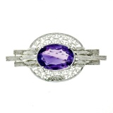 Vintage 10kt White Gold 10.53 ctw Oval Amethyst Etched Filigree Brooch
